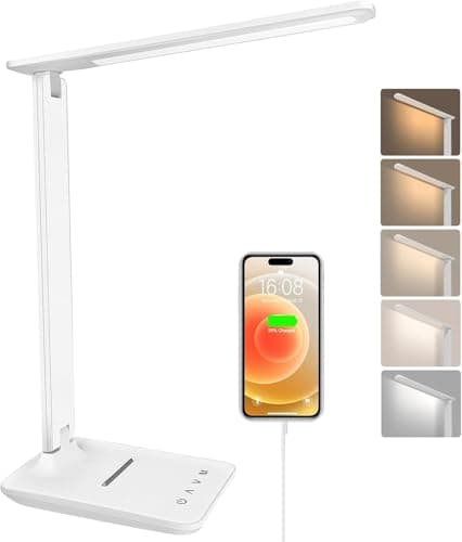 karidi LED Desk Lamp Dimmable Table Lamp with USB Charging Port, 5 Lighting Modes, Sensitive Control, Foldable Portable Desk Light for Home Office Bedroom Reading (White, Standard Size - 13.3 inch)