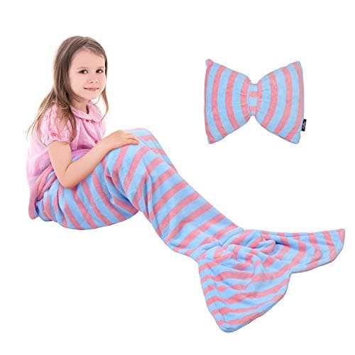 Catalonia Kids Mermaid Tail Blanket Pillow Cushion,Super Soft Coral Plush Fleece Mermaids Gift Snuggly Sleeping Bag for Girls Teens Children, Light Blue, 60 x 21 inch