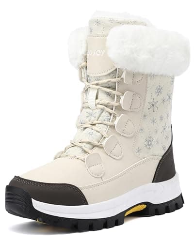 COOJOY Winter Snow Boots for Women Waterproof Comfortable Hiking Walking Furry Mid Calf Boot Fur Lined Warm Shoes botas de nieve para mujer Off White,US8 EU40