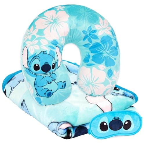 Jay Franco Disney Lilo & Stitch Kids Travel Set - 3 Piece Set Includes 40 x 50 Throw Blanket, Eye Mask, and Neck Pillow - Super Soft & Cozy Travel Accessories