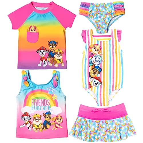 Paw Patrol Chase Marshall Toddler Girls One Piece Bathing Suit Rash Guard Tankini Top Bikini Bottom and Skort 5 Swimsuit Set 2T