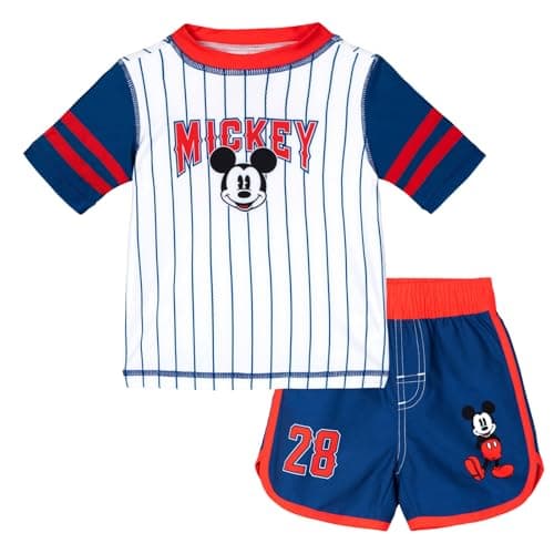 Disney Mickey Mouse Toddler Boys Raglan Rash Guard and Swim Trunks UPF 50+ Outfit Set White/Blue/Red 2T