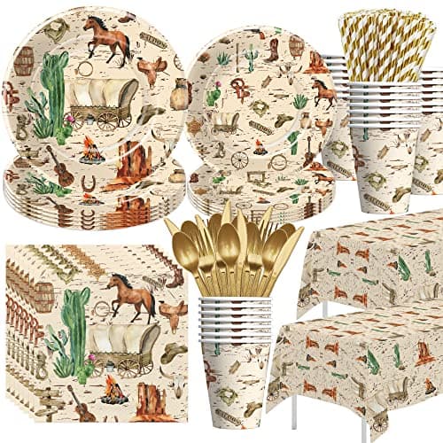 HIPVVILD Western Cowboy Party Decorations Tableware For Birthday & Baby Shower - Wild West Party Supplies, Plate, Cup, Napkin, Tablecloth, Cutlery, Straw, Rodeo Party Decorations Dinnerware | Serve 24