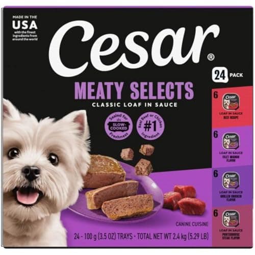 Cesar Classic Loaf in Sauce Wet Dog Food, Beef Recipe, Filet Mignon Flavor, Grilled Chicken Flavor, and Porterhouse Steak Flavor, 3.5 oz. Easy Peel Trays, Variety Pack (24 Count, Pack of 1)